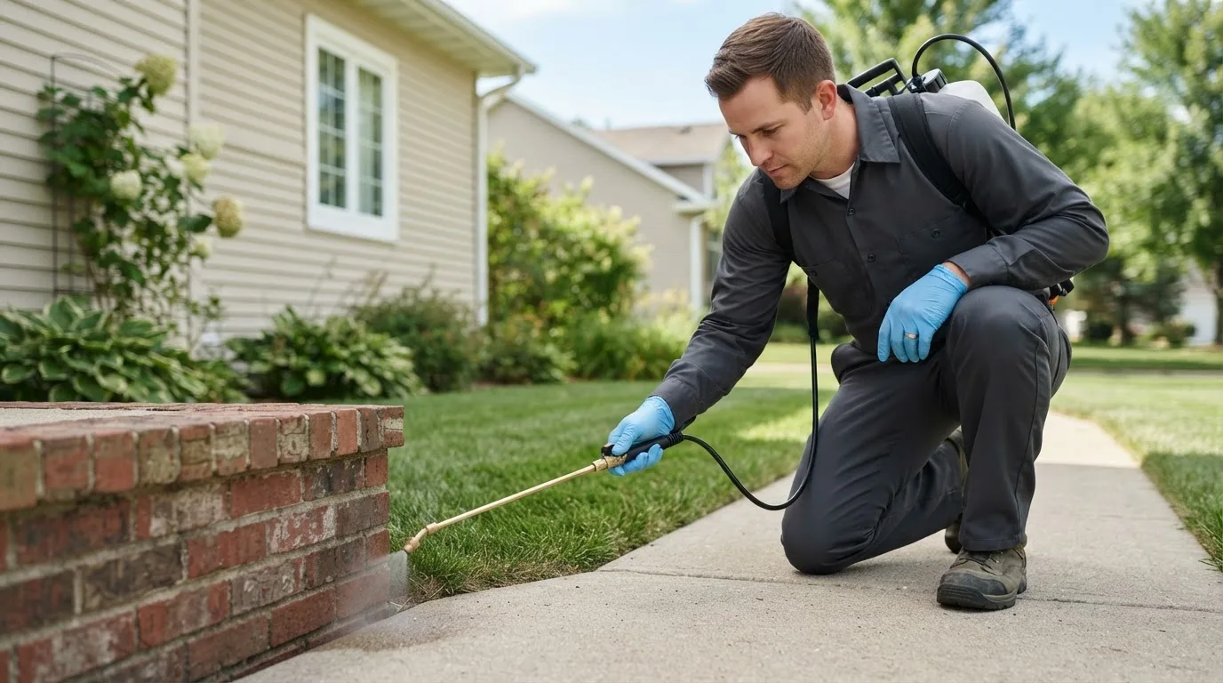 Pest control technician treating a home near Fitchburg, WI